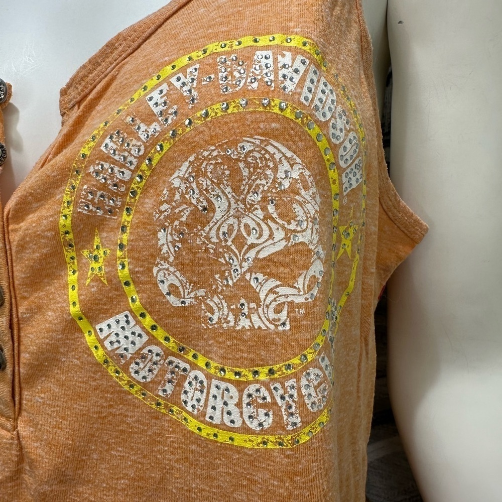 WOMEN’S HARLEY DAVIDSON TATTOO WILLIE G RHINESTONE BUTTON HENLEY TANK TOP XL - Picture 4 of 13